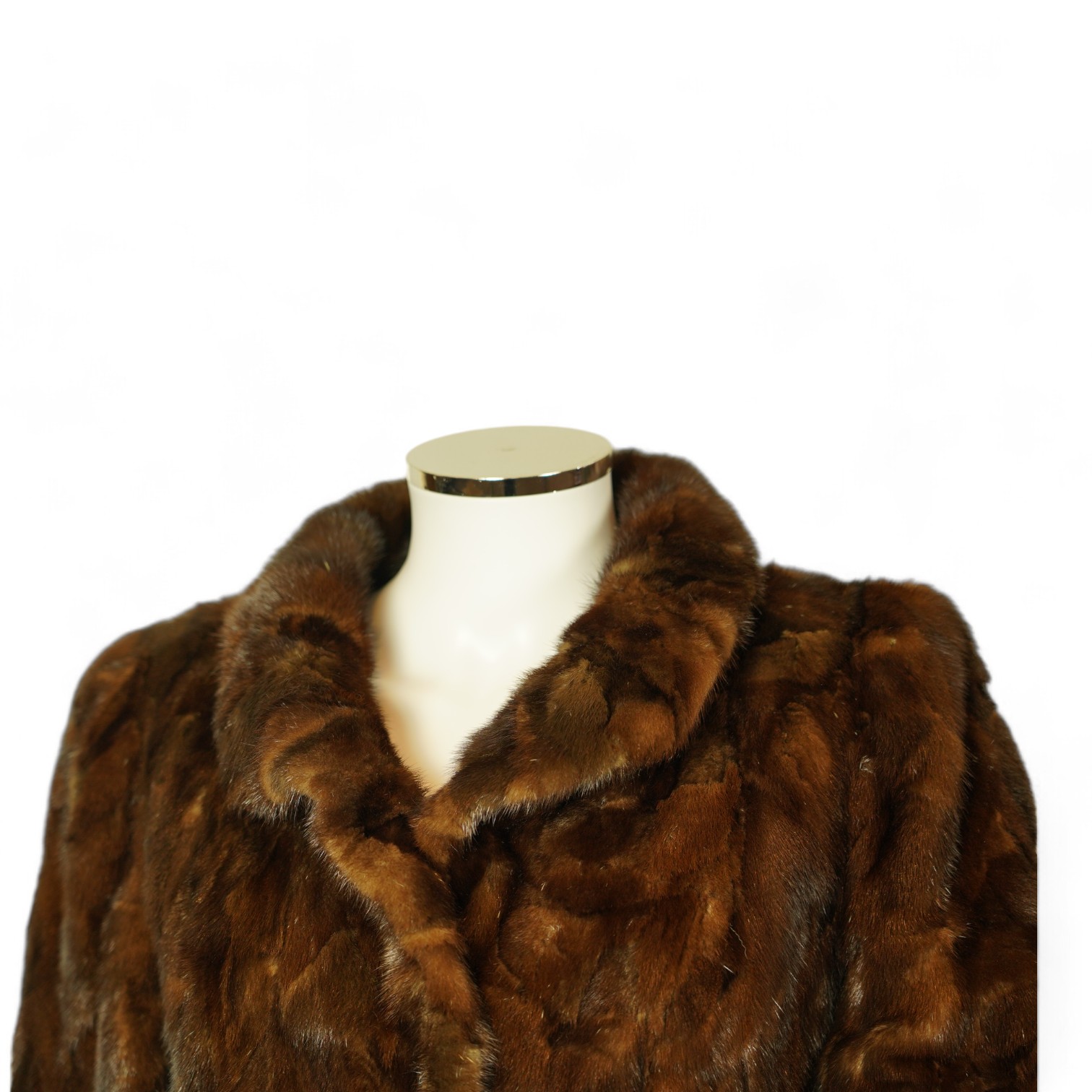 A musquash fur full length coat, a musquash fur three quarter length coat and a mink fur bolero, all approx. size 12. Condition - fair to good